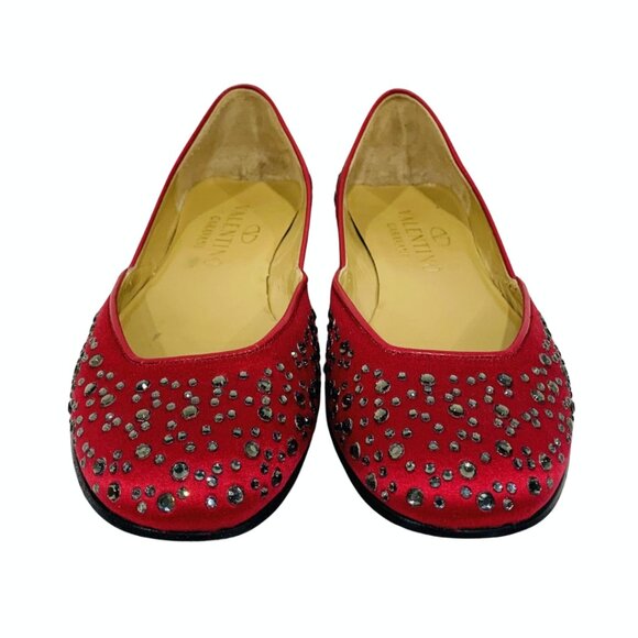 VALENTINO GARAVANI Red Satin Crystal Embellishments Flats EU 37 Bedazzled Ballet - Picture 3 of 11
